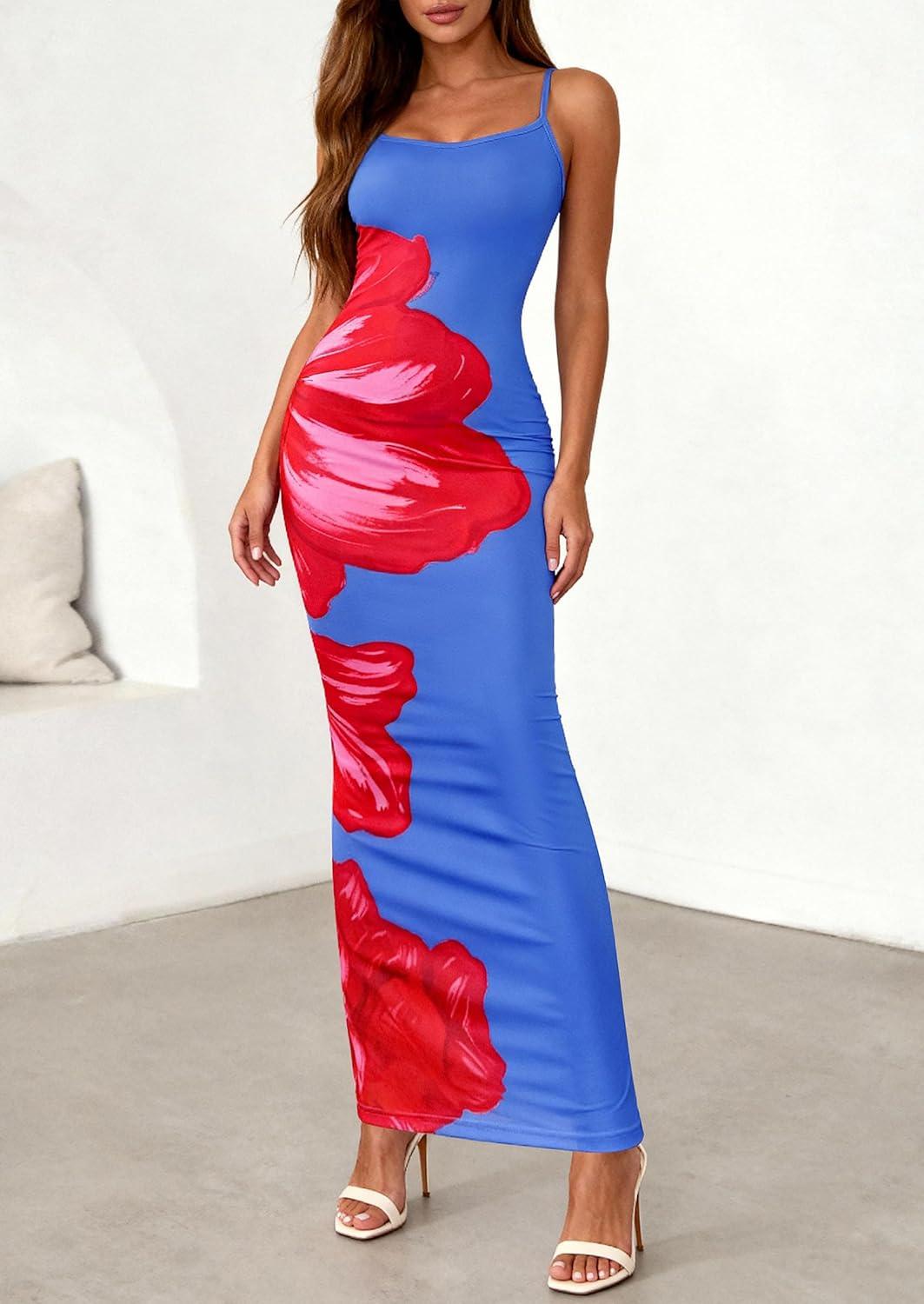 imagePRETTYGARDEN Womens Floral Maxi Dress Summer 2026 Sexy Spaghetti Strap Slip Bodycon Mesh Beach Vacation DressesSky Blue Red Floral