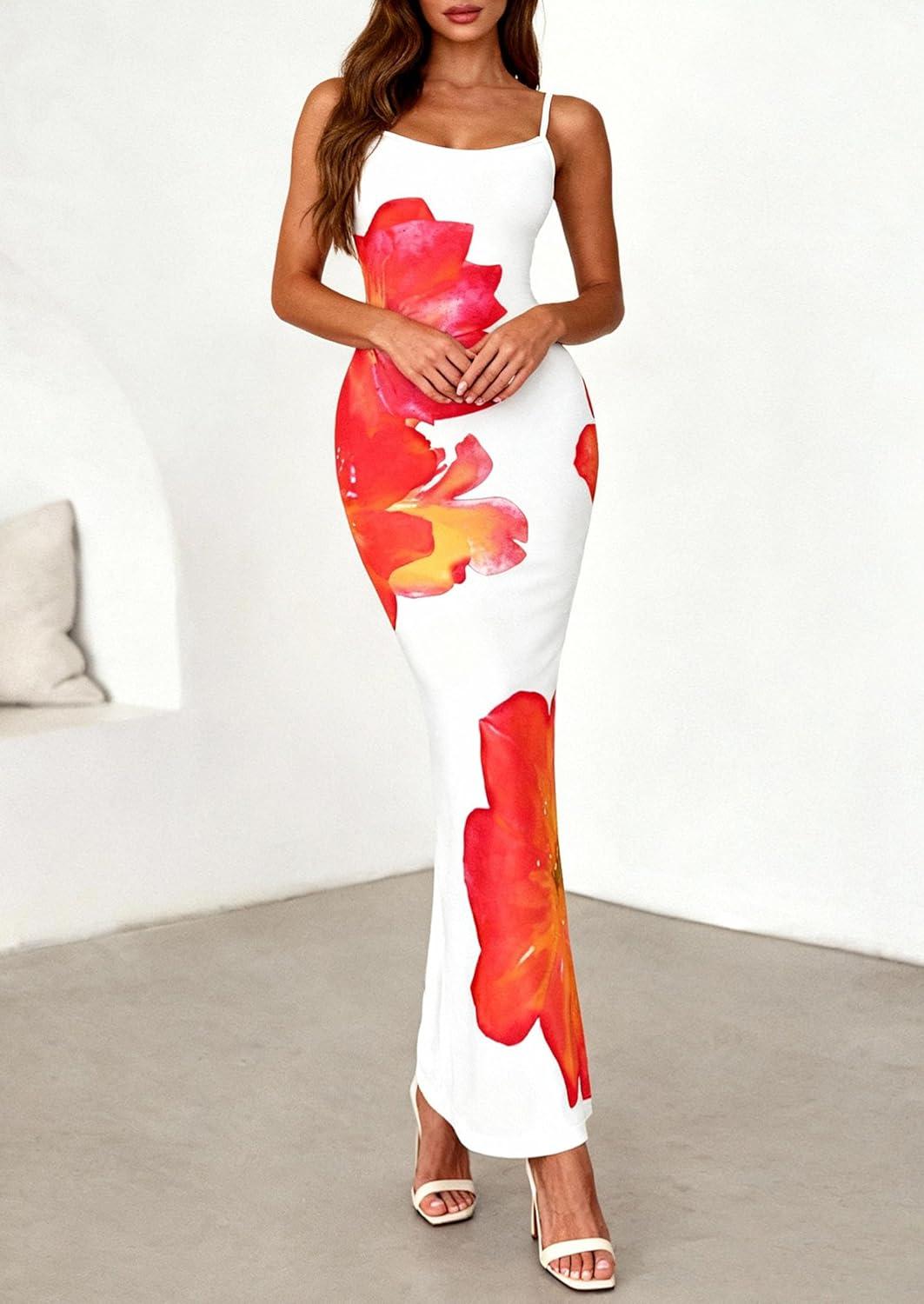 imagePRETTYGARDEN Womens Floral Maxi Dress Summer 2026 Sexy Spaghetti Strap Slip Bodycon Mesh Beach Vacation DressesWhite Orange Floral
