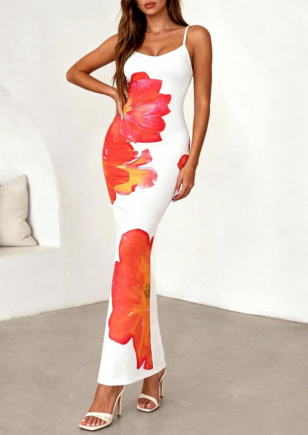 imagePRETTYGARDEN Womens Floral Maxi Dress Summer 2026 Sexy Spaghetti Strap Slip Bodycon Mesh Beach Vacation DressesWhite Orange Floral