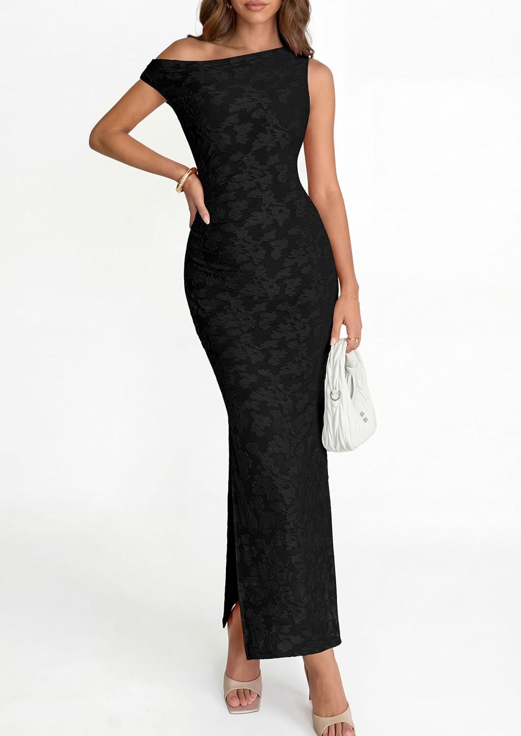 imagePRETTYGARDEN Womens Floral One Shoulder Maxi Dress 2026 Summer Spring Bodycon Ruched Side Slit Elegant Cocktail Party DressesBlack