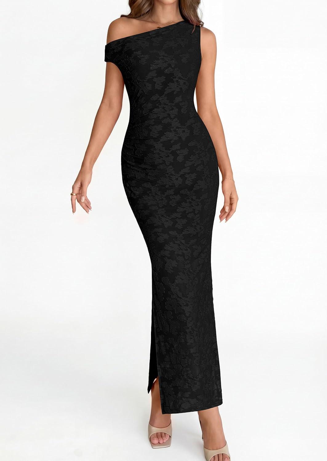 imagePRETTYGARDEN Womens Floral One Shoulder Maxi Dress 2026 Summer Spring Bodycon Ruched Side Slit Elegant Cocktail Party DressesBlack