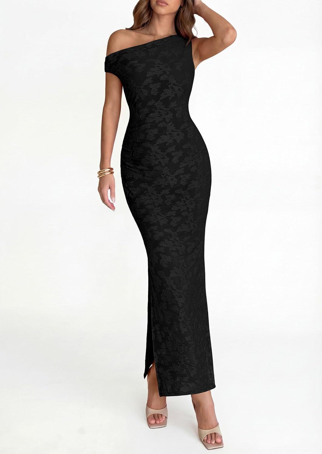 imagePRETTYGARDEN Womens Floral One Shoulder Maxi Dress 2026 Summer Spring Bodycon Ruched Side Slit Elegant Cocktail Party DressesBlack