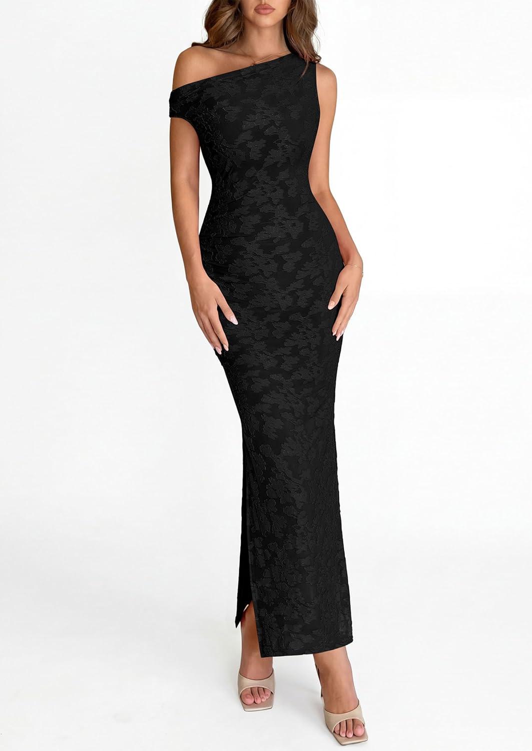 imagePRETTYGARDEN Womens Floral One Shoulder Maxi Dress 2026 Summer Spring Bodycon Ruched Side Slit Elegant Cocktail Party DressesBlack