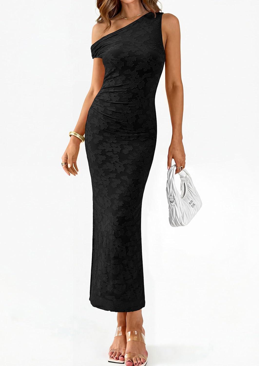 imagePRETTYGARDEN Womens Floral One Shoulder Maxi Dress 2026 Summer Spring Bodycon Ruched Side Slit Elegant Cocktail Party DressesBlack