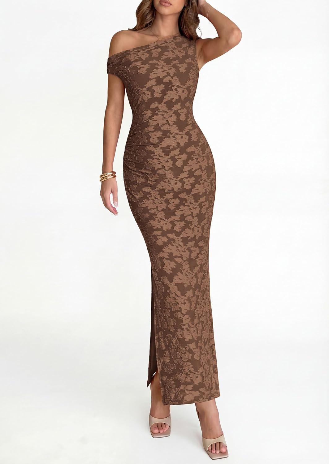 imagePRETTYGARDEN Womens Floral One Shoulder Maxi Dress 2026 Summer Spring Bodycon Ruched Side Slit Elegant Cocktail Party DressesBrown