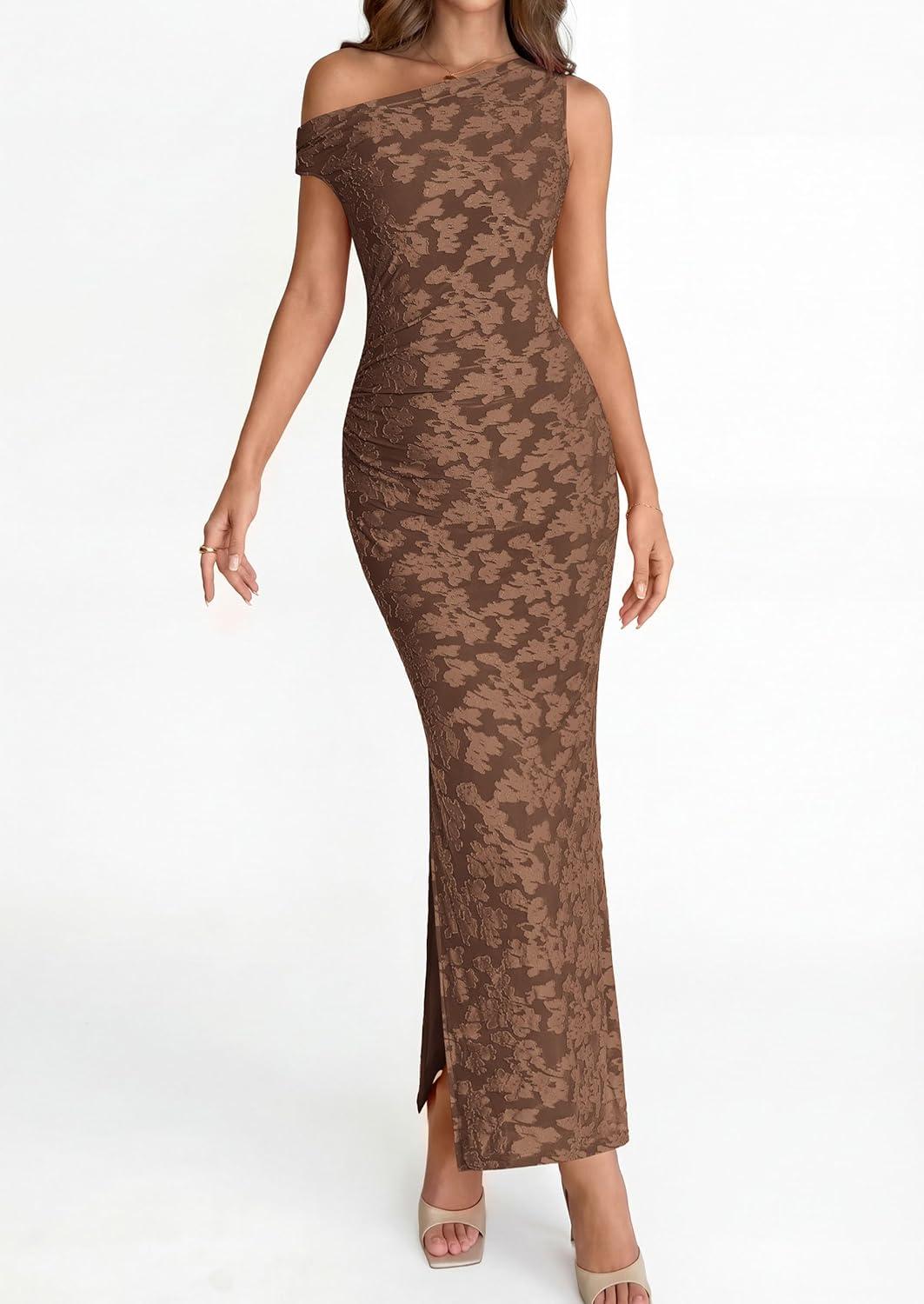imagePRETTYGARDEN Womens Floral One Shoulder Maxi Dress 2026 Summer Spring Bodycon Ruched Side Slit Elegant Cocktail Party DressesBrown