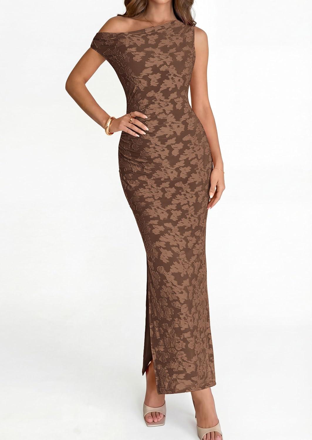 imagePRETTYGARDEN Womens Floral One Shoulder Maxi Dress 2026 Summer Spring Bodycon Ruched Side Slit Elegant Cocktail Party DressesBrown
