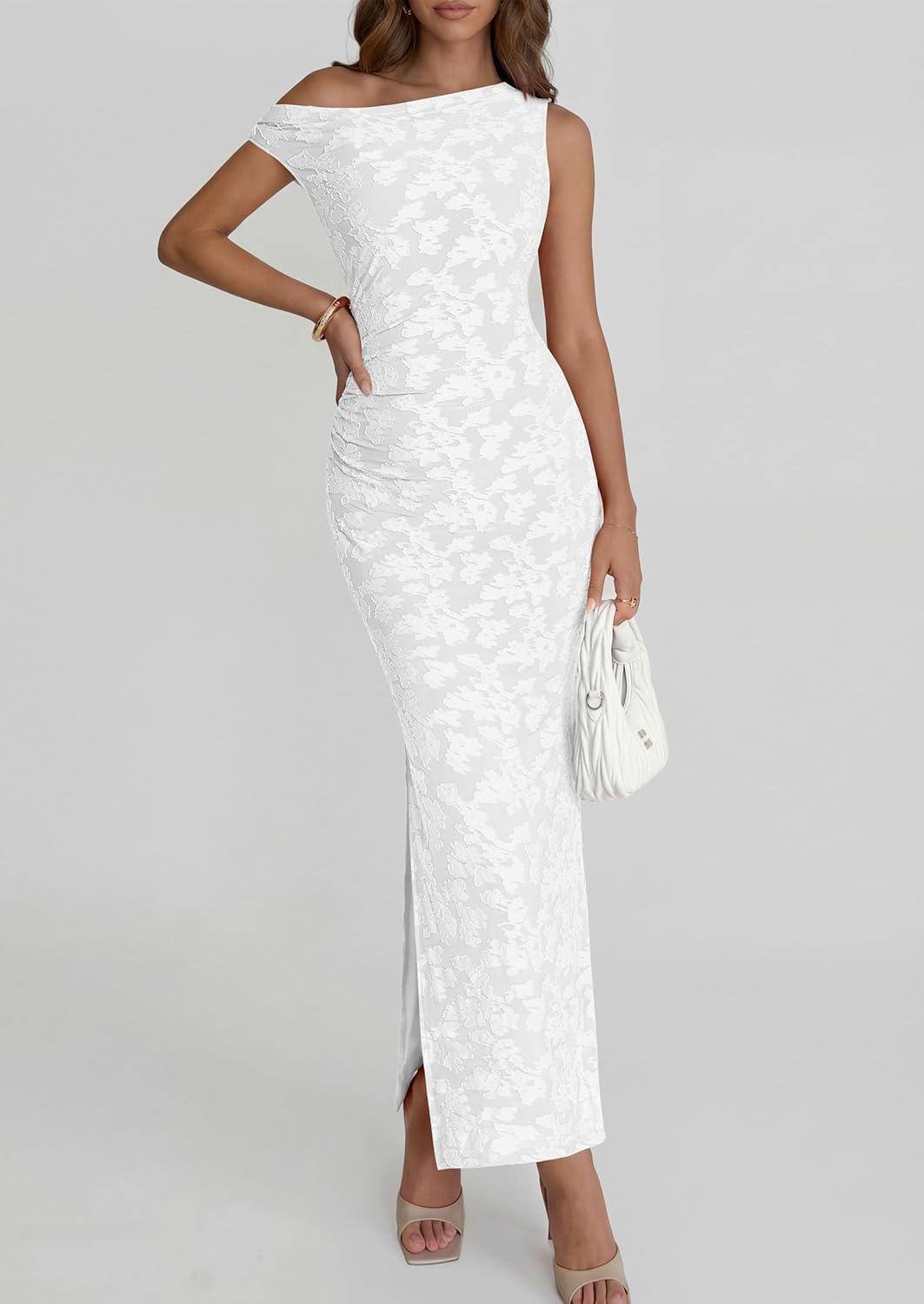 imagePRETTYGARDEN Womens Floral One Shoulder Maxi Dress 2026 Summer Spring Bodycon Ruched Side Slit Elegant Cocktail Party DressesWhite