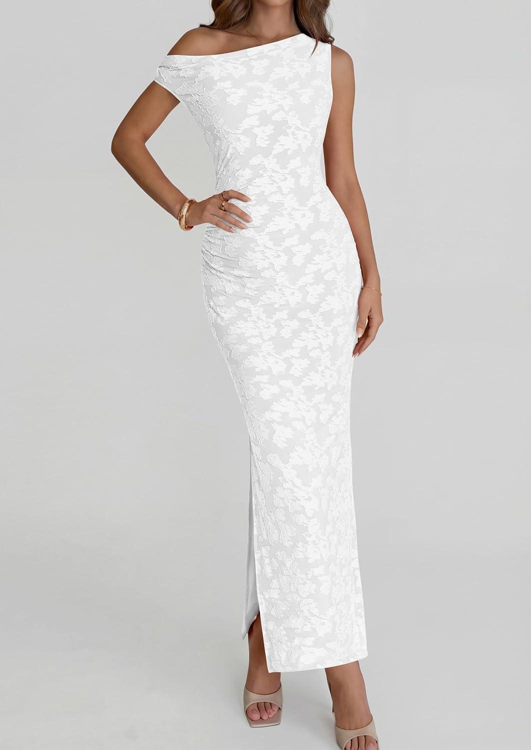 imagePRETTYGARDEN Womens Floral One Shoulder Maxi Dress 2026 Summer Spring Bodycon Ruched Side Slit Elegant Cocktail Party DressesWhite