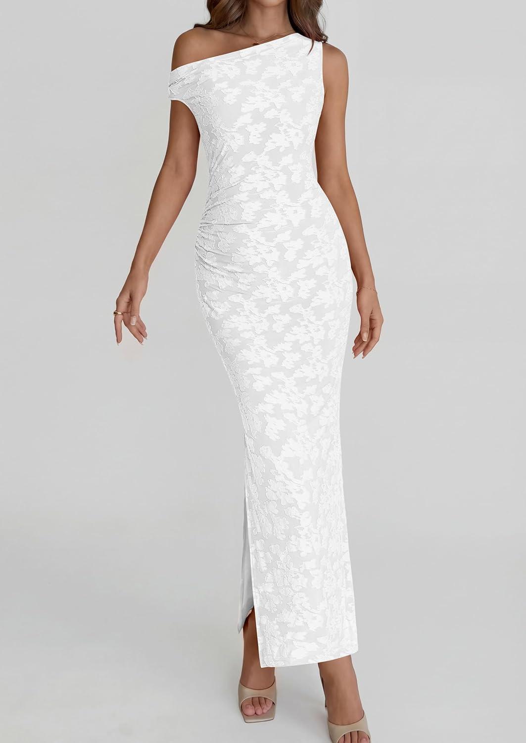 imagePRETTYGARDEN Womens Floral One Shoulder Maxi Dress 2026 Summer Spring Bodycon Ruched Side Slit Elegant Cocktail Party DressesWhite