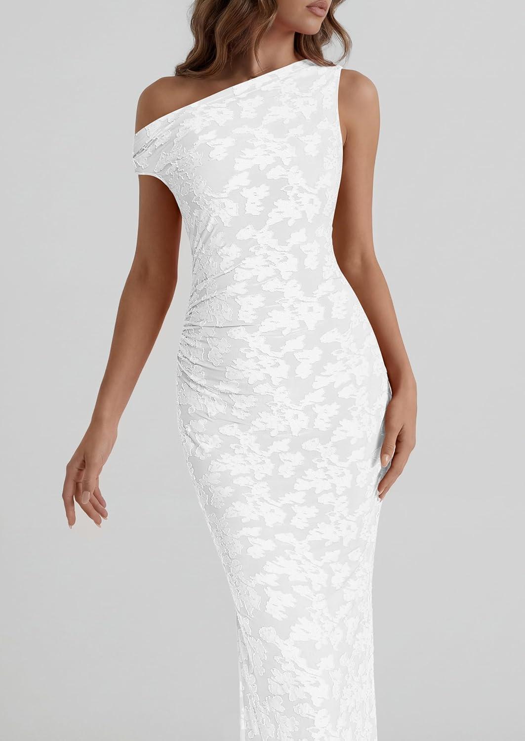 imagePRETTYGARDEN Womens Floral One Shoulder Maxi Dress 2026 Summer Spring Bodycon Ruched Side Slit Elegant Cocktail Party DressesWhite