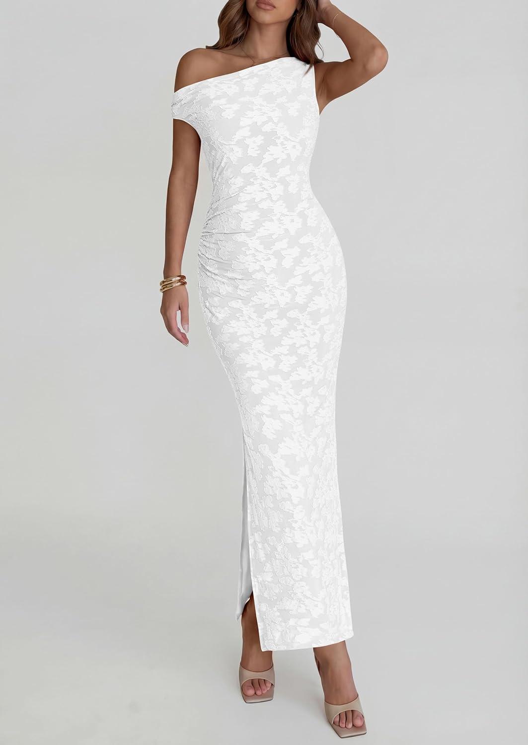 imagePRETTYGARDEN Womens Floral One Shoulder Maxi Dress 2026 Summer Spring Bodycon Ruched Side Slit Elegant Cocktail Party DressesWhite