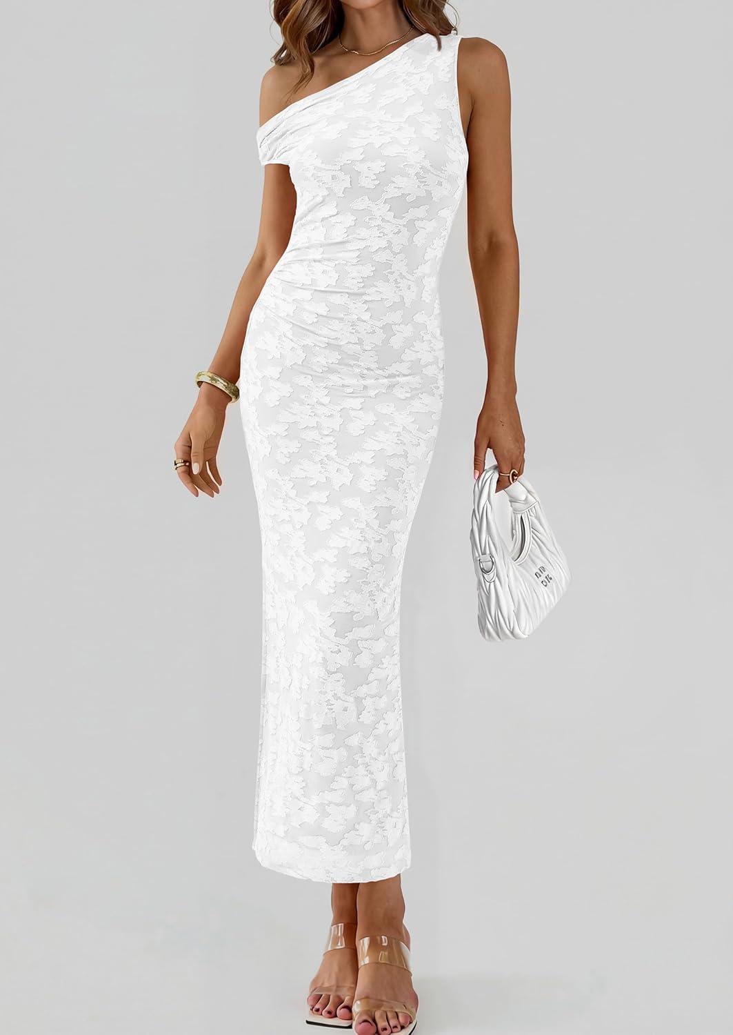 imagePRETTYGARDEN Womens Floral One Shoulder Maxi Dress 2026 Summer Spring Bodycon Ruched Side Slit Elegant Cocktail Party DressesWhite