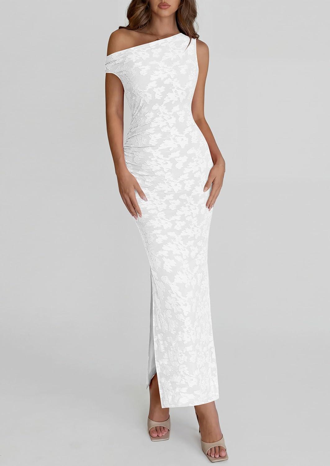 imagePRETTYGARDEN Womens Floral One Shoulder Maxi Dress 2026 Summer Spring Bodycon Ruched Side Slit Elegant Cocktail Party DressesWhite
