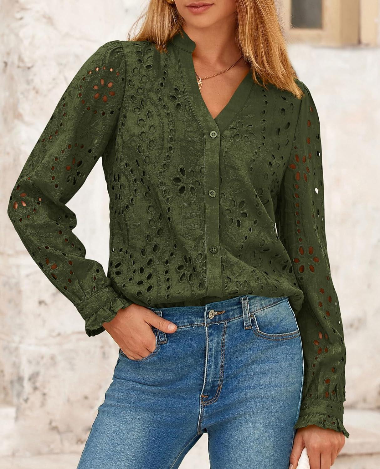 imagePRETTYGARDEN Womens Long Sleeve Tops 2025 Fall Eyelet V Neck Shirts Dressy Casual Lace Button BlousesArmy Green