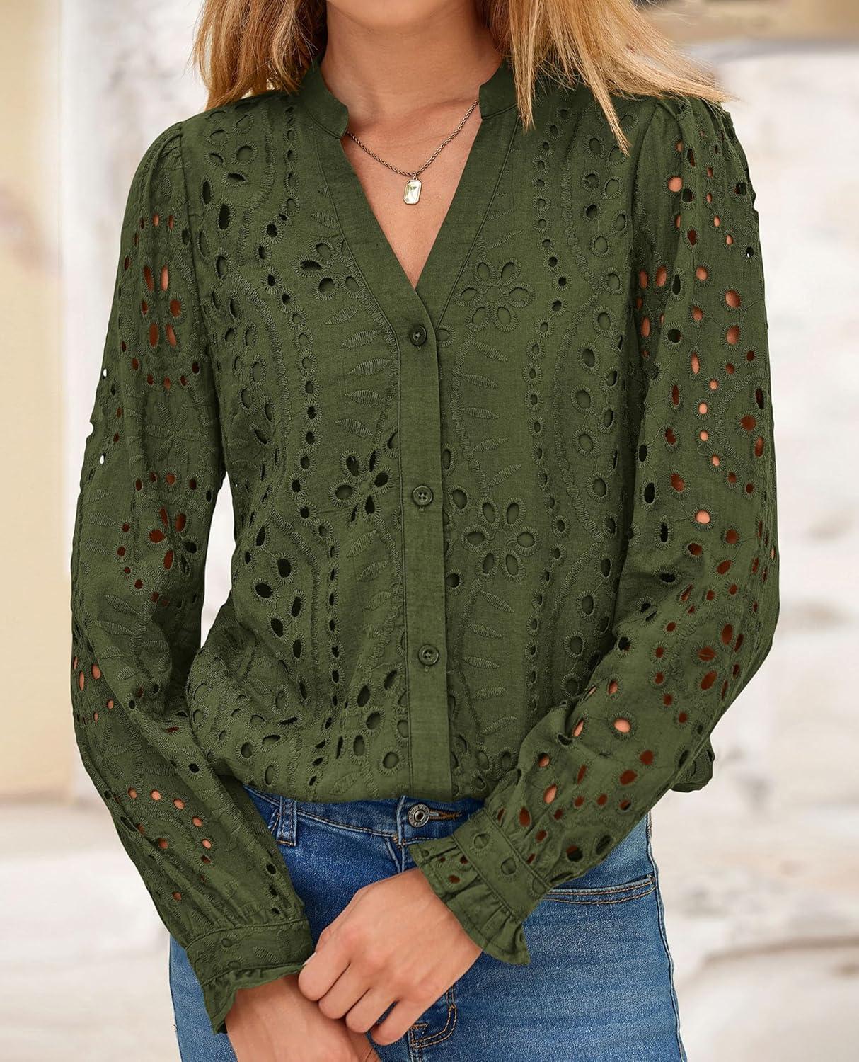 imagePRETTYGARDEN Womens Long Sleeve Tops 2025 Fall Eyelet V Neck Shirts Dressy Casual Lace Button BlousesArmy Green