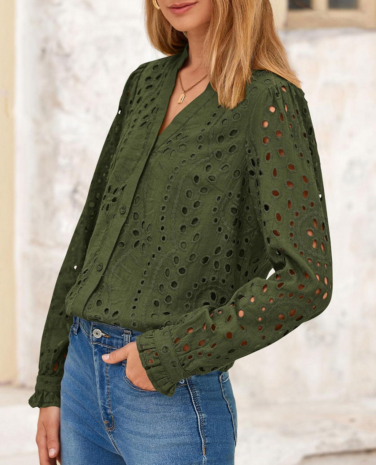 imagePRETTYGARDEN Womens Long Sleeve Tops 2025 Fall Eyelet V Neck Shirts Dressy Casual Lace Button BlousesArmy Green