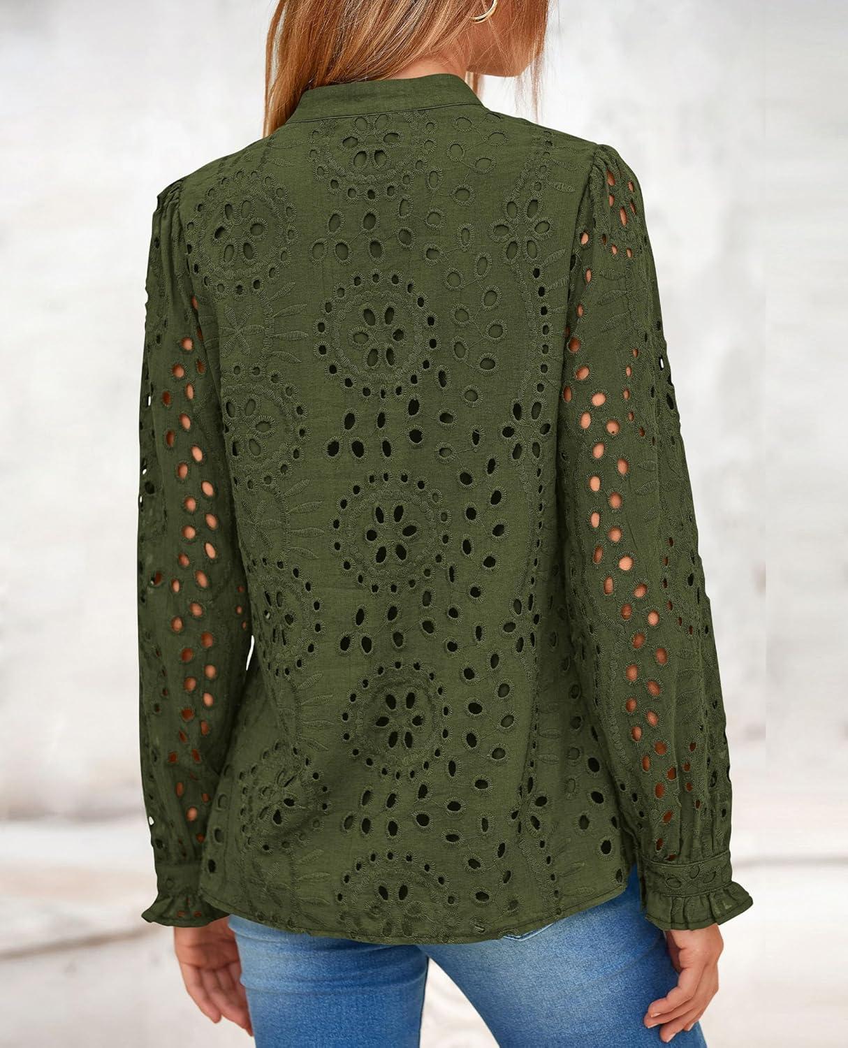 imagePRETTYGARDEN Womens Long Sleeve Tops 2025 Fall Eyelet V Neck Shirts Dressy Casual Lace Button BlousesArmy Green