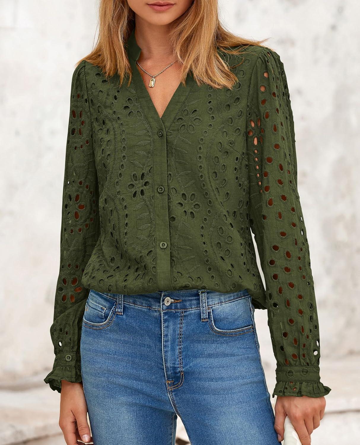 imagePRETTYGARDEN Womens Long Sleeve Tops 2025 Fall Eyelet V Neck Shirts Dressy Casual Lace Button BlousesArmy Green