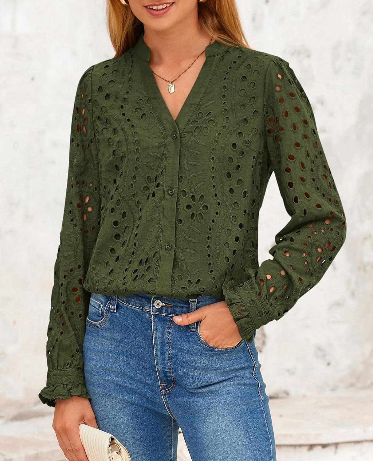 imagePRETTYGARDEN Womens Long Sleeve Tops 2025 Fall Eyelet V Neck Shirts Dressy Casual Lace Button BlousesArmy Green