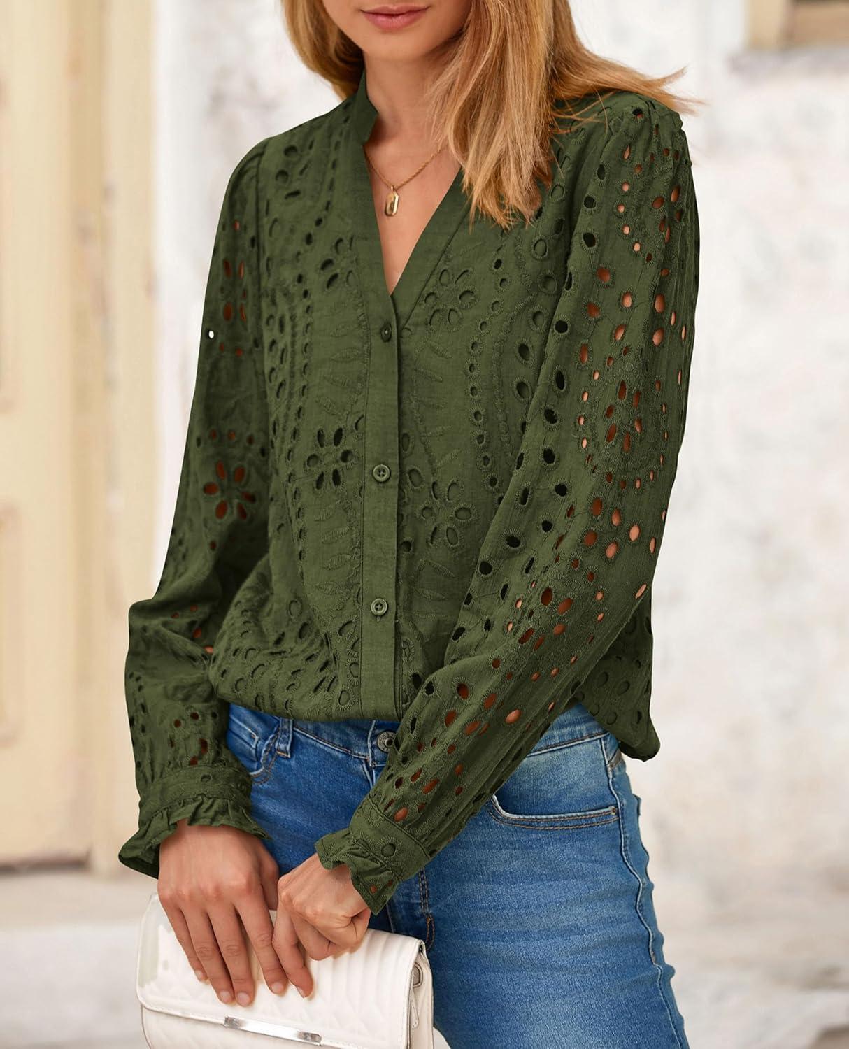 imagePRETTYGARDEN Womens Long Sleeve Tops 2025 Fall Eyelet V Neck Shirts Dressy Casual Lace Button BlousesArmy Green