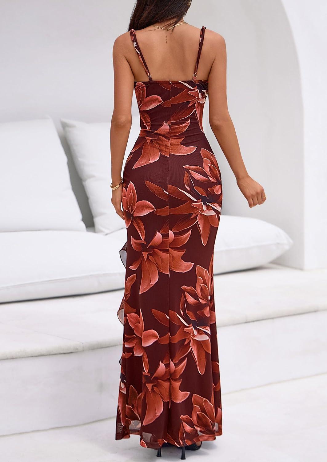 imagePRETTYGARDEN Womens Summer Beach Wedding Guest Dress Bodycon Floral Maxi Dresses 2026 Spring Tropical Vacation SundressesBrown Floral