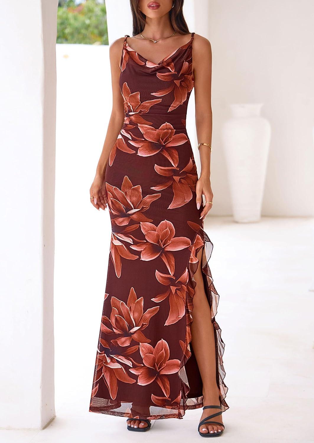 imagePRETTYGARDEN Womens Summer Beach Wedding Guest Dress Bodycon Floral Maxi Dresses 2026 Spring Tropical Vacation SundressesBrown Floral