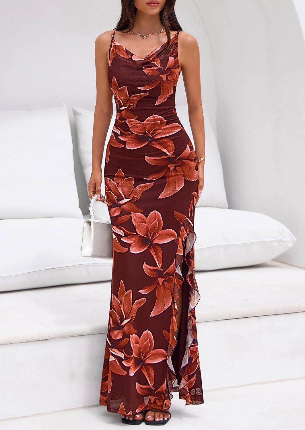 imagePRETTYGARDEN Womens Summer Beach Wedding Guest Dress Bodycon Floral Maxi Dresses 2026 Spring Tropical Vacation SundressesBrown Floral