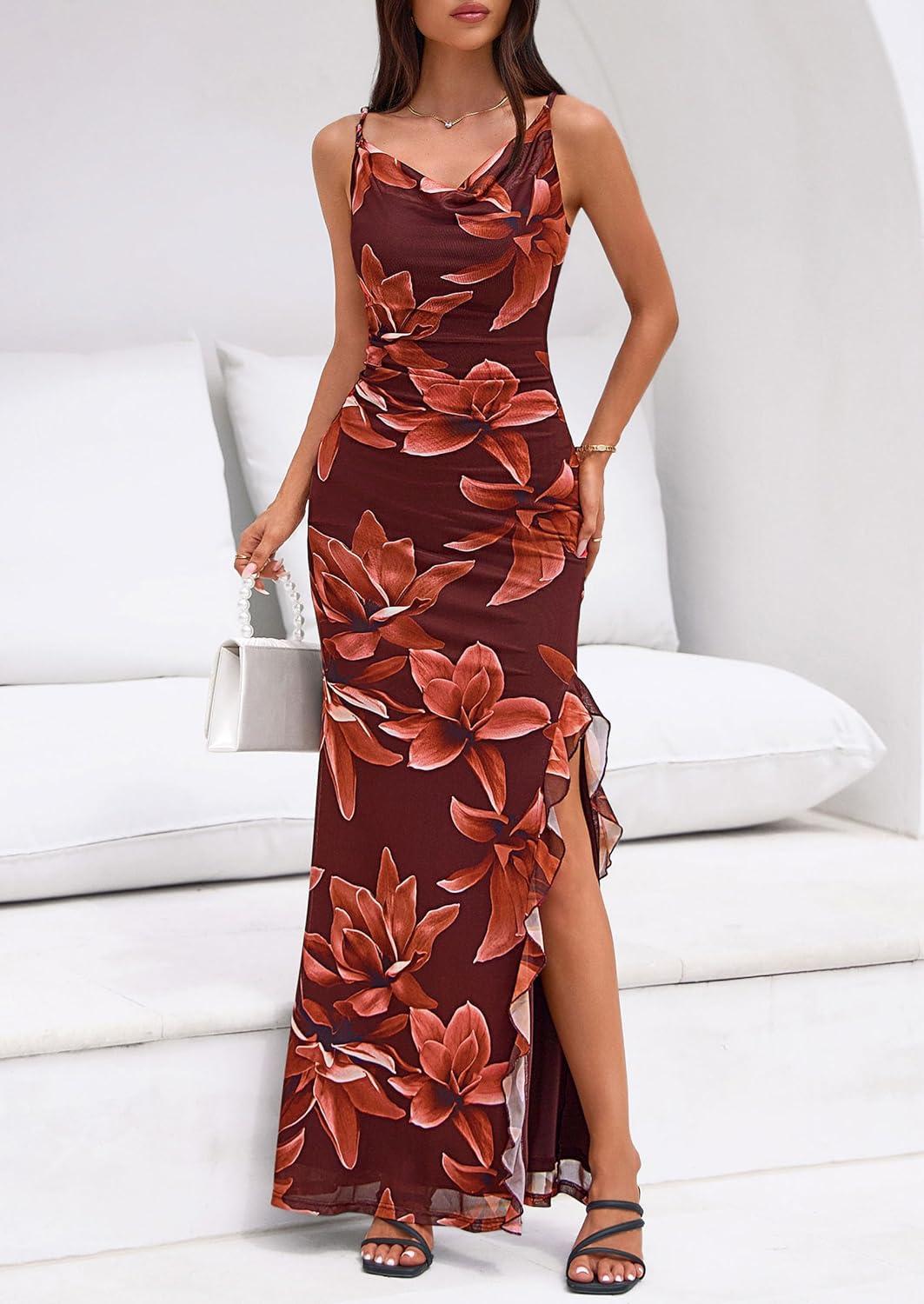 imagePRETTYGARDEN Womens Summer Beach Wedding Guest Dress Bodycon Floral Maxi Dresses 2026 Spring Tropical Vacation SundressesBrown Floral