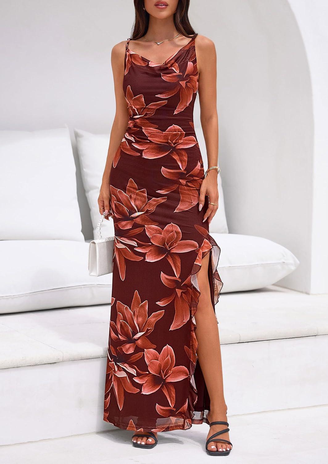 imagePRETTYGARDEN Womens Summer Beach Wedding Guest Dress Bodycon Floral Maxi Dresses 2026 Spring Tropical Vacation SundressesBrown Floral