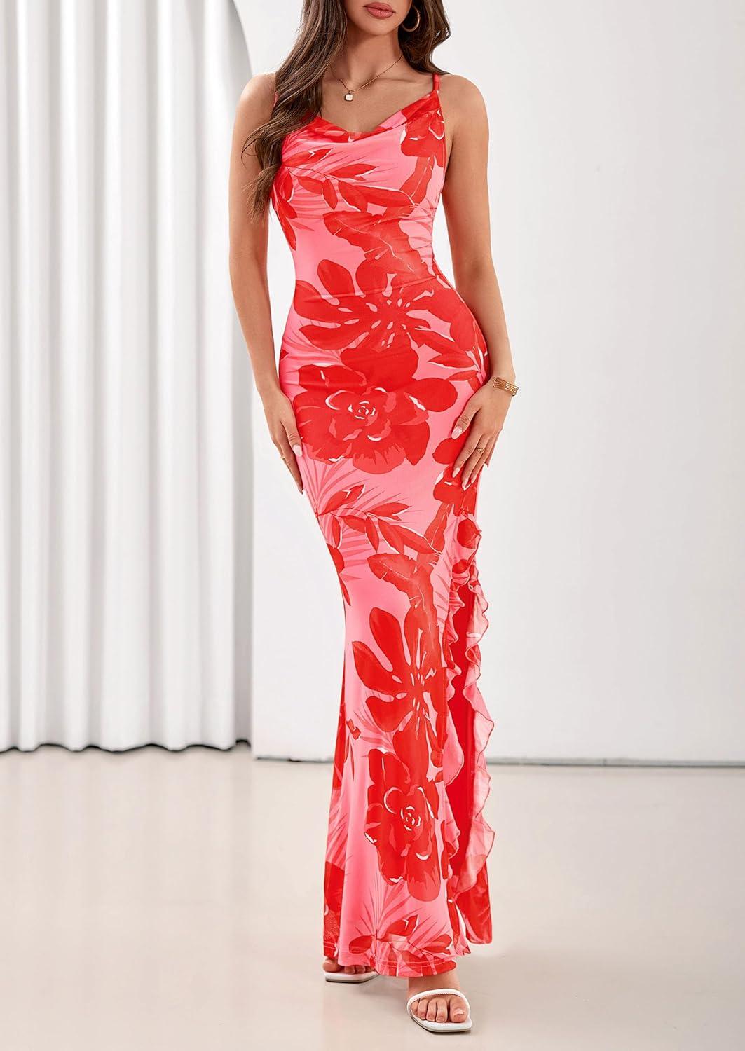 imagePRETTYGARDEN Womens Summer Beach Wedding Guest Dress Bodycon Floral Maxi Dresses 2026 Spring Tropical Vacation SundressesPink Red Floral