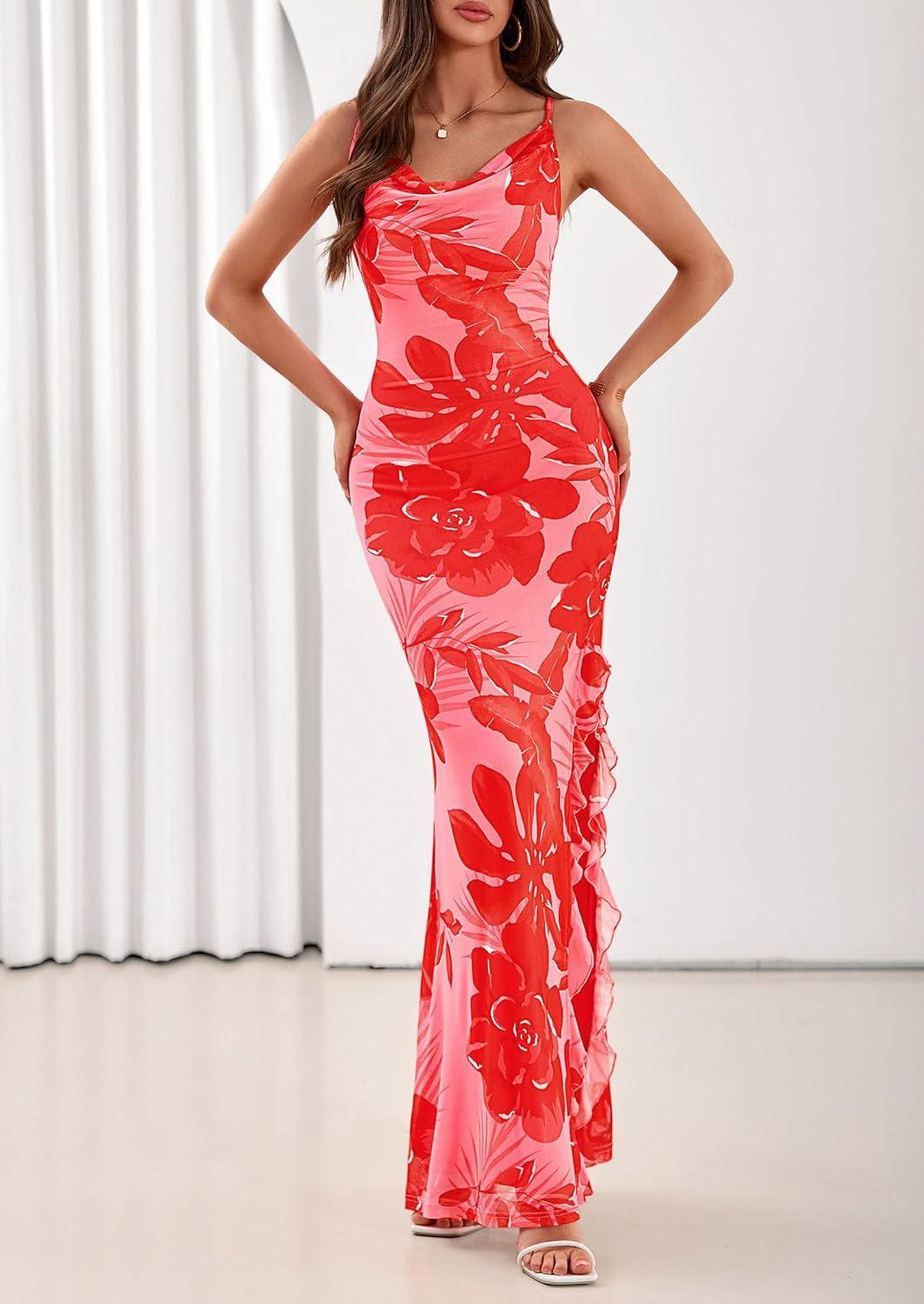 imagePRETTYGARDEN Womens Summer Beach Wedding Guest Dress Bodycon Floral Maxi Dresses 2026 Spring Tropical Vacation SundressesPink Red Floral