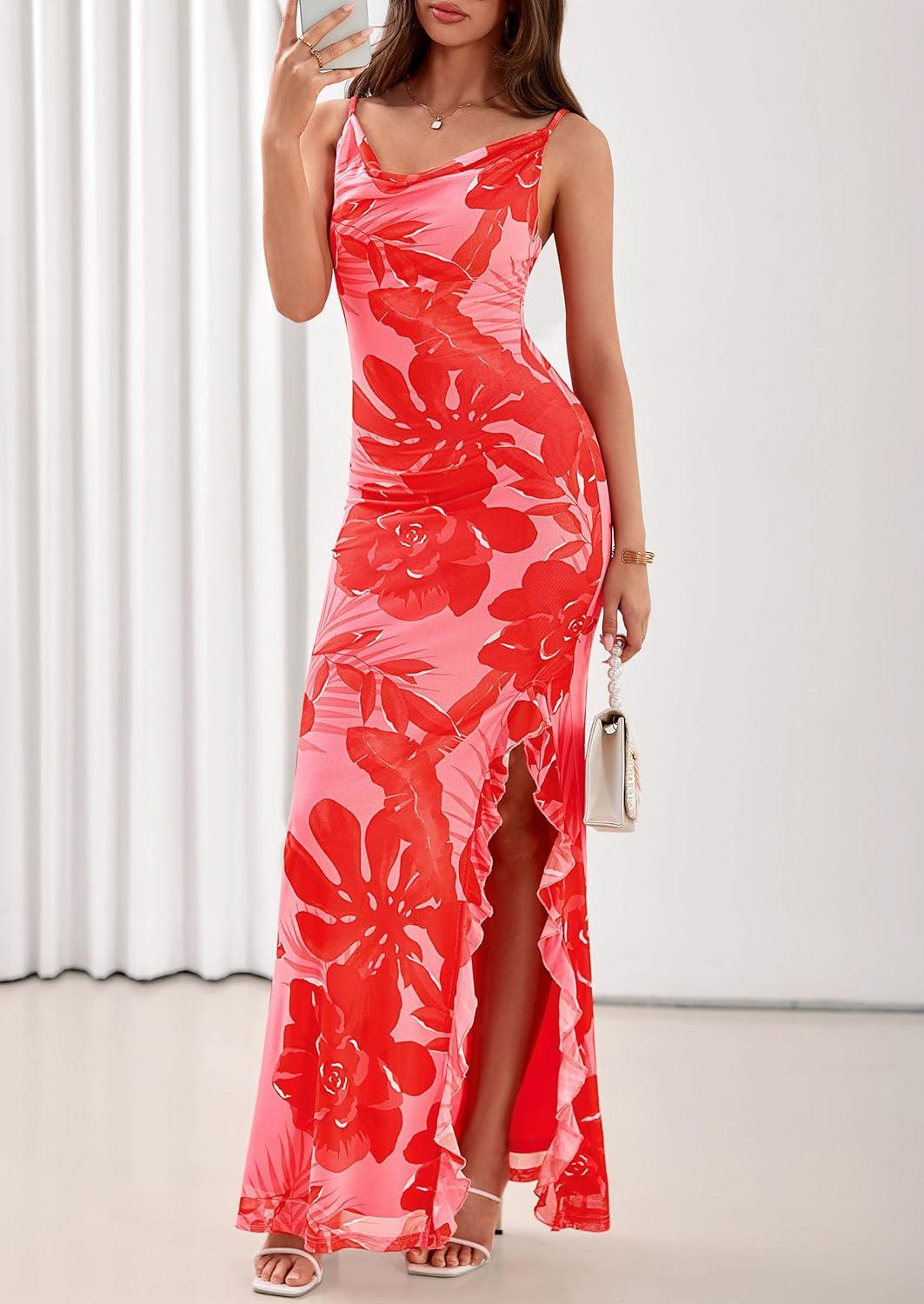 imagePRETTYGARDEN Womens Summer Beach Wedding Guest Dress Bodycon Floral Maxi Dresses 2026 Spring Tropical Vacation SundressesPink Red Floral