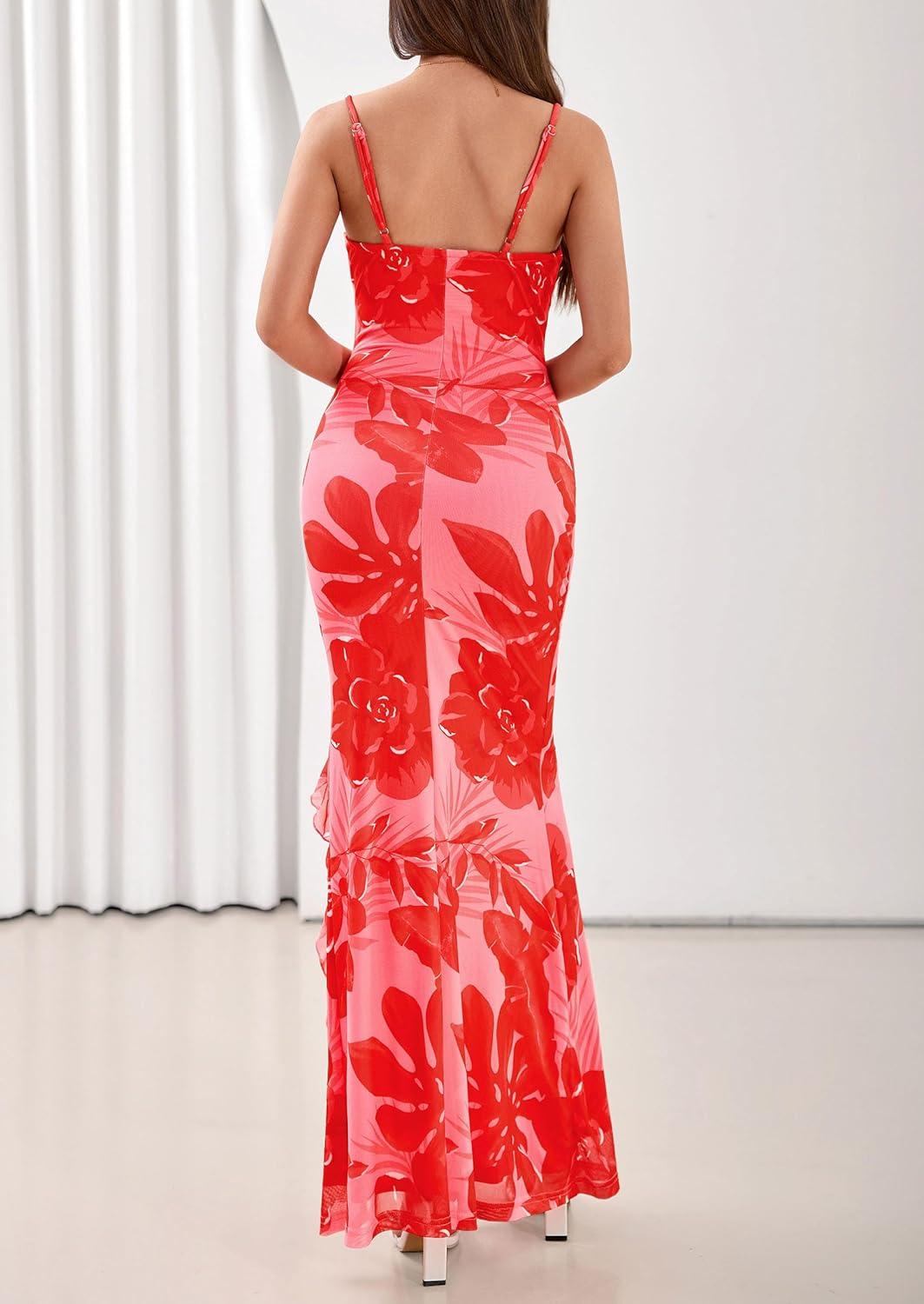 imagePRETTYGARDEN Womens Summer Beach Wedding Guest Dress Bodycon Floral Maxi Dresses 2026 Spring Tropical Vacation SundressesPink Red Floral