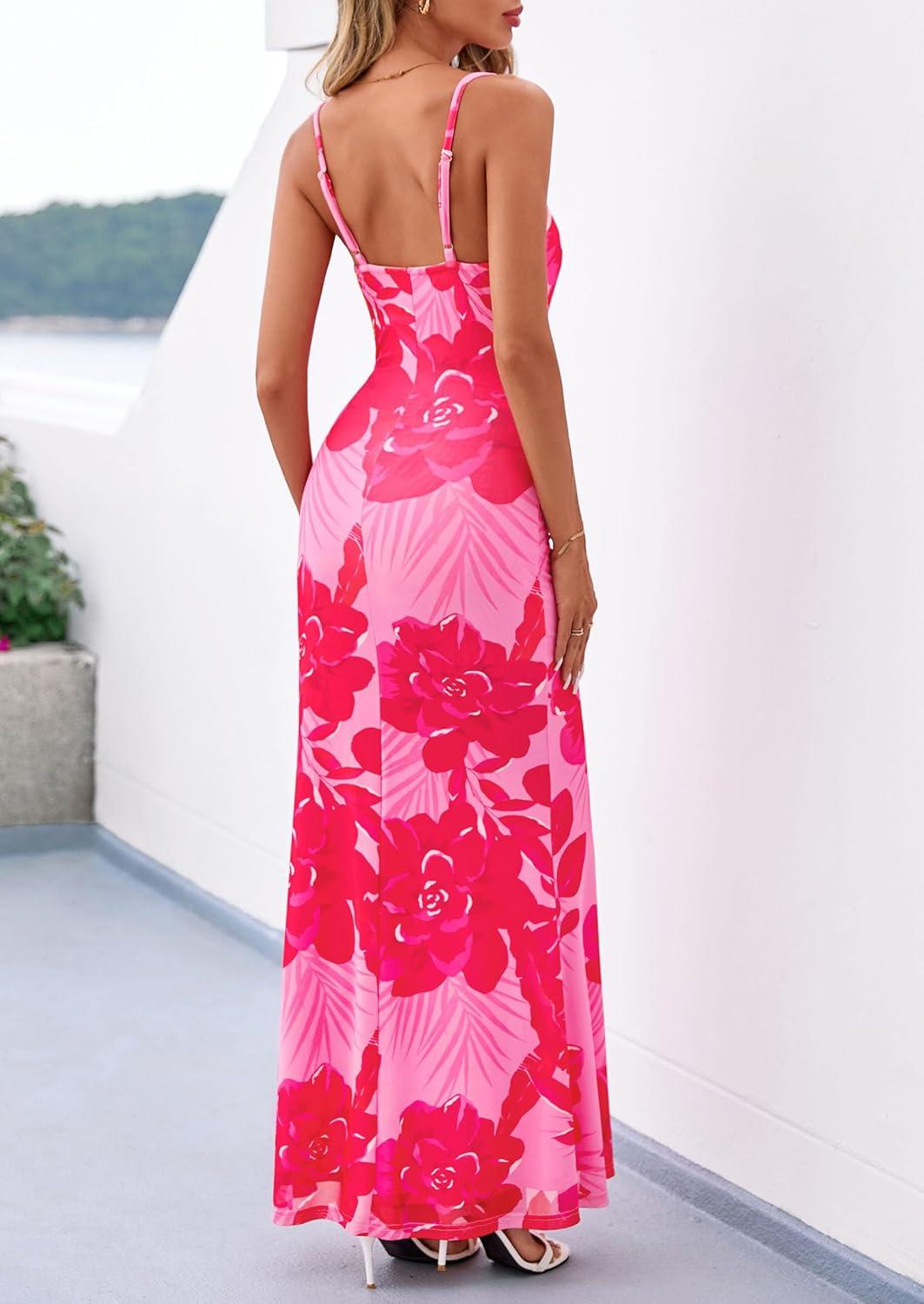 imagePRETTYGARDEN Womens Summer Beach Wedding Guest Dress Bodycon Floral Maxi Dresses 2026 Spring Tropical Vacation SundressesPink Rose Red Floral