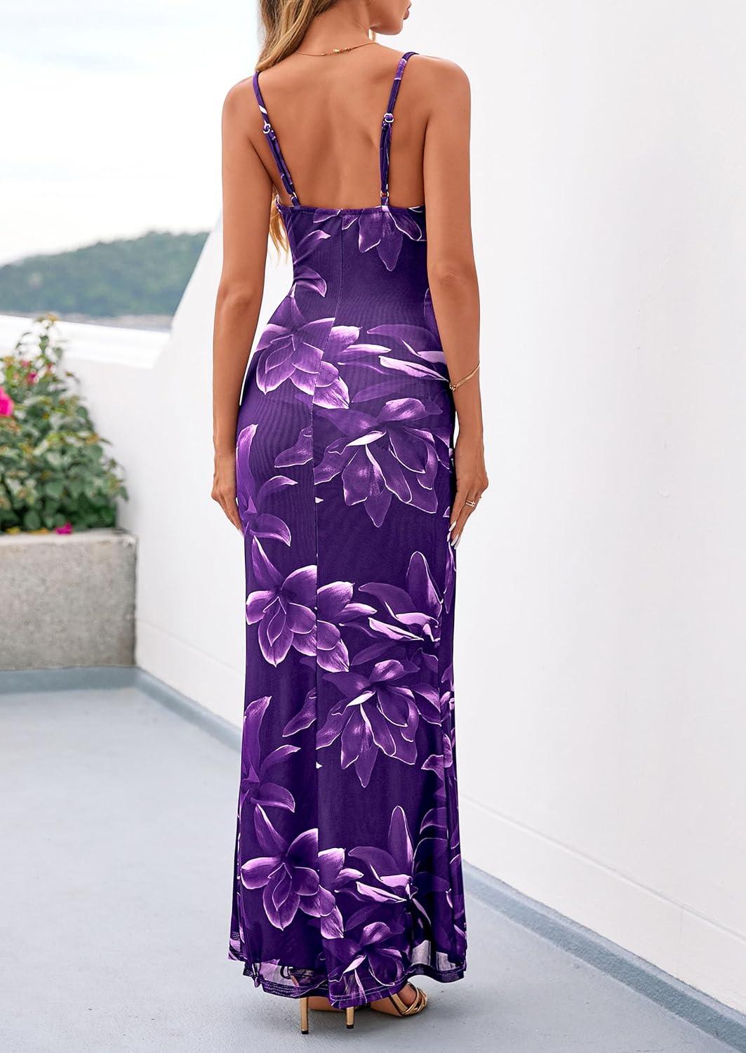 imagePRETTYGARDEN Womens Summer Beach Wedding Guest Dress Bodycon Floral Maxi Dresses 2026 Spring Tropical Vacation SundressesPurple Floral