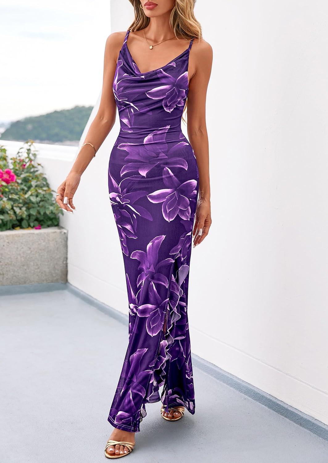 imagePRETTYGARDEN Womens Summer Beach Wedding Guest Dress Bodycon Floral Maxi Dresses 2026 Spring Tropical Vacation SundressesPurple Floral