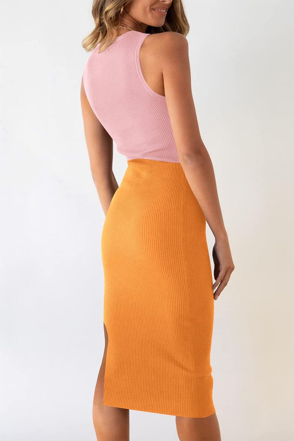 imagePRETTYGARDEN Womens Summer Midi Bodycon Dresses Casual Crew Neck Side Slit Sleeveless Knit Cut Out Tank Top DressLight Pinkyellow