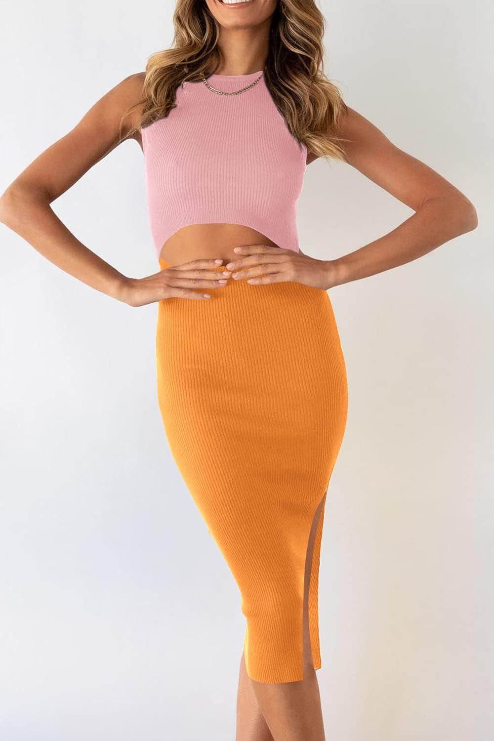 imagePRETTYGARDEN Womens Summer Midi Bodycon Dresses Casual Crew Neck Side Slit Sleeveless Knit Cut Out Tank Top DressLight Pinkyellow