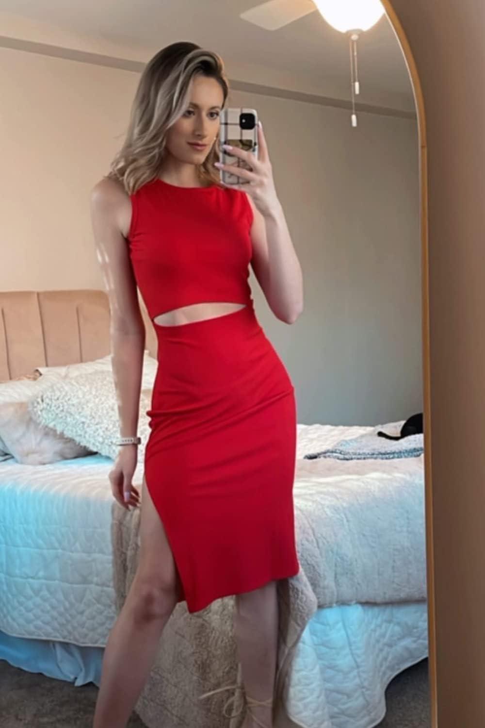 imagePRETTYGARDEN Womens Summer Midi Bodycon Dresses Casual Crew Neck Side Slit Sleeveless Knit Cut Out Tank Top DressRed