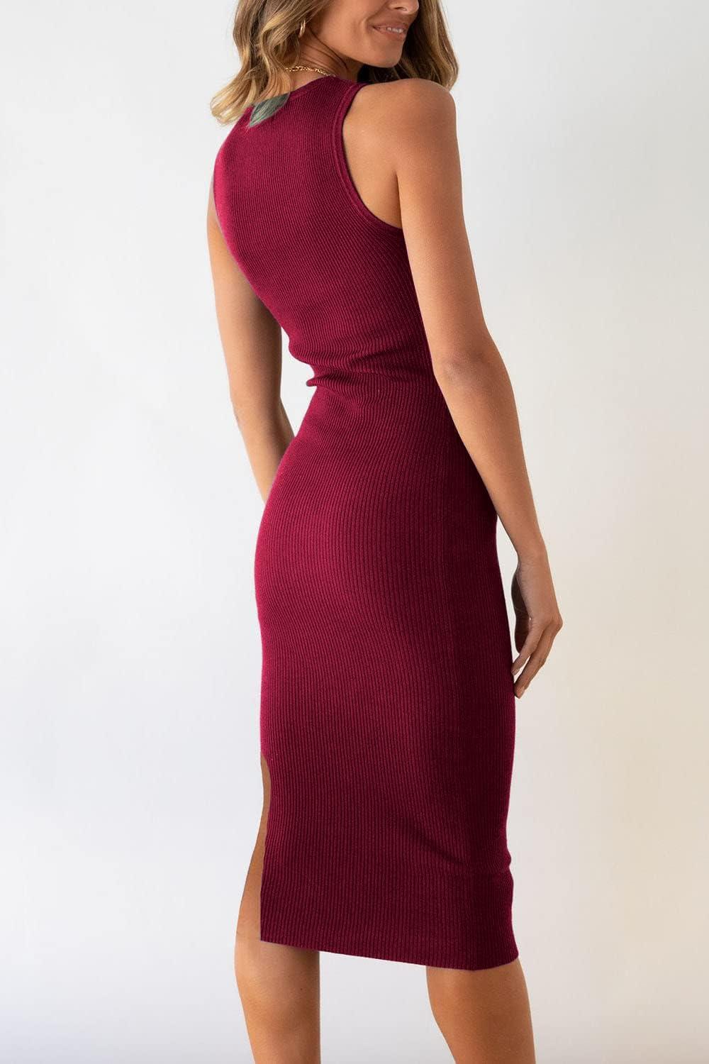 imagePRETTYGARDEN Womens Summer Midi Bodycon Dresses Casual Crew Neck Side Slit Sleeveless Knit Cut Out Tank Top DressWine Red