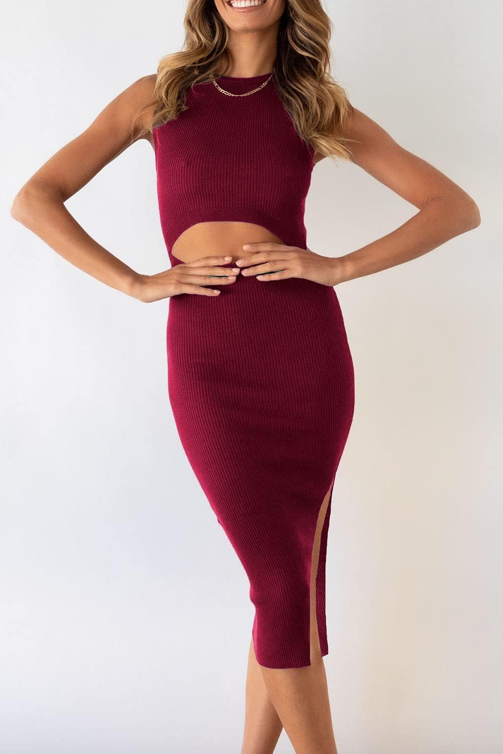 imagePRETTYGARDEN Womens Summer Midi Bodycon Dresses Casual Crew Neck Side Slit Sleeveless Knit Cut Out Tank Top DressWine Red