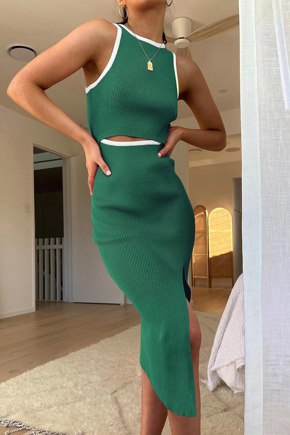 imagePRETTYGARDEN Womens Summer Midi Bodycon Dresses Casual Crew Neck Side Slit Sleeveless Knit Cut Out Tank Top DressZgreen