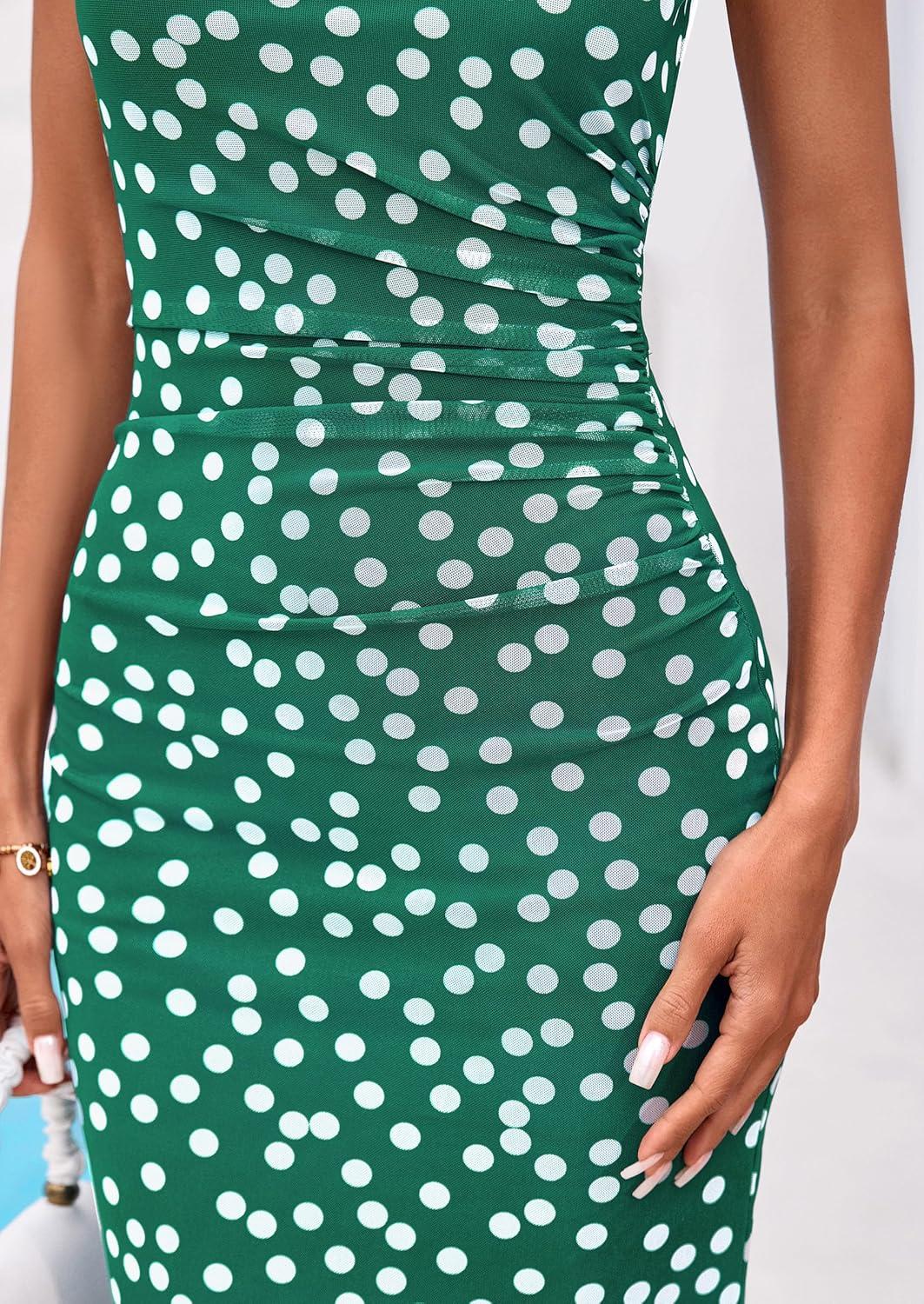 imagePRETTYGARDEN Womens Summer Wedding Guest Dress 2026 Spring Mesh Sleeveless Bodycon Ruched Floral Holiday Maxi Long DressesDot Green