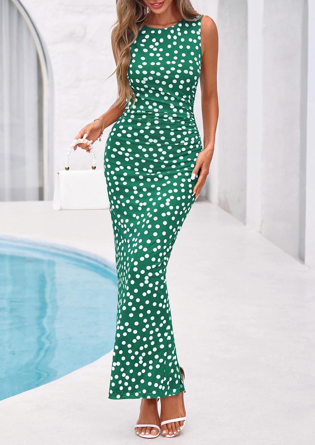 imagePRETTYGARDEN Womens Summer Wedding Guest Dress 2026 Spring Mesh Sleeveless Bodycon Ruched Floral Holiday Maxi Long DressesDot Green