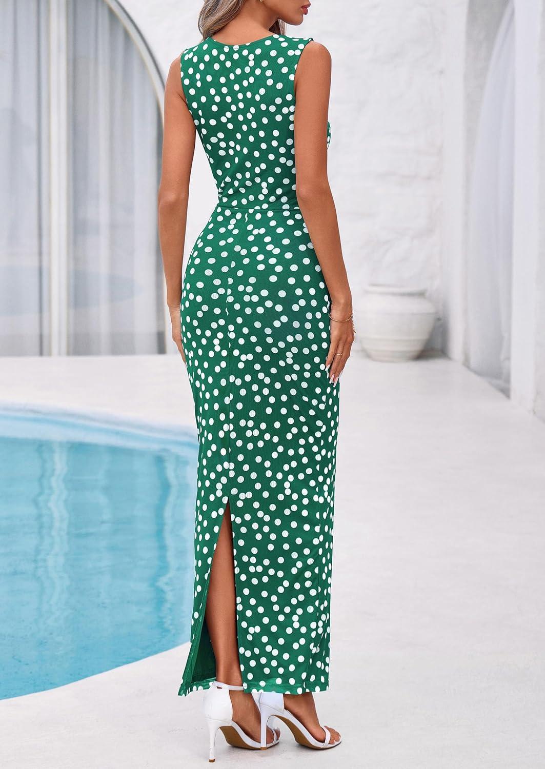 imagePRETTYGARDEN Womens Summer Wedding Guest Dress 2026 Spring Mesh Sleeveless Bodycon Ruched Floral Holiday Maxi Long DressesDot Green