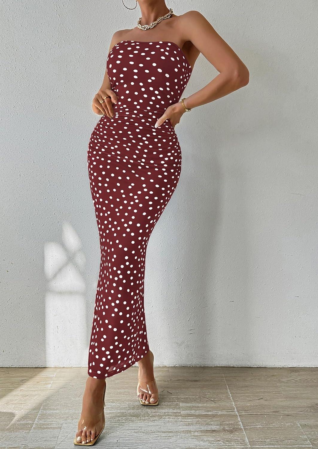 imagePRETTYGARDEN Womens Summer Wedding Guest Dress Strapless Tube Top Maxi Bodycon Long Floral Mesh Beach Vacation Party Dresses01 Dot Burgundy White