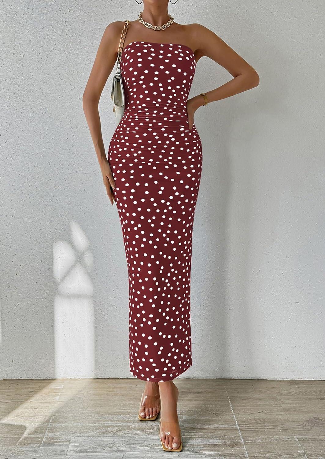imagePRETTYGARDEN Womens Summer Wedding Guest Dress Strapless Tube Top Maxi Bodycon Long Floral Mesh Beach Vacation Party Dresses01 Dot Burgundy White
