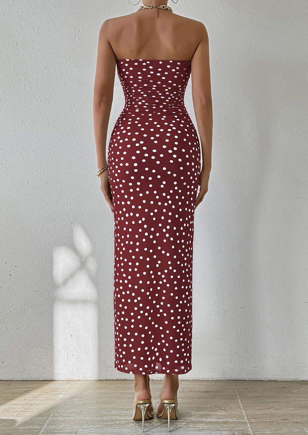 imagePRETTYGARDEN Womens Summer Wedding Guest Dress Strapless Tube Top Maxi Bodycon Long Floral Mesh Beach Vacation Party Dresses01 Dot Burgundy White