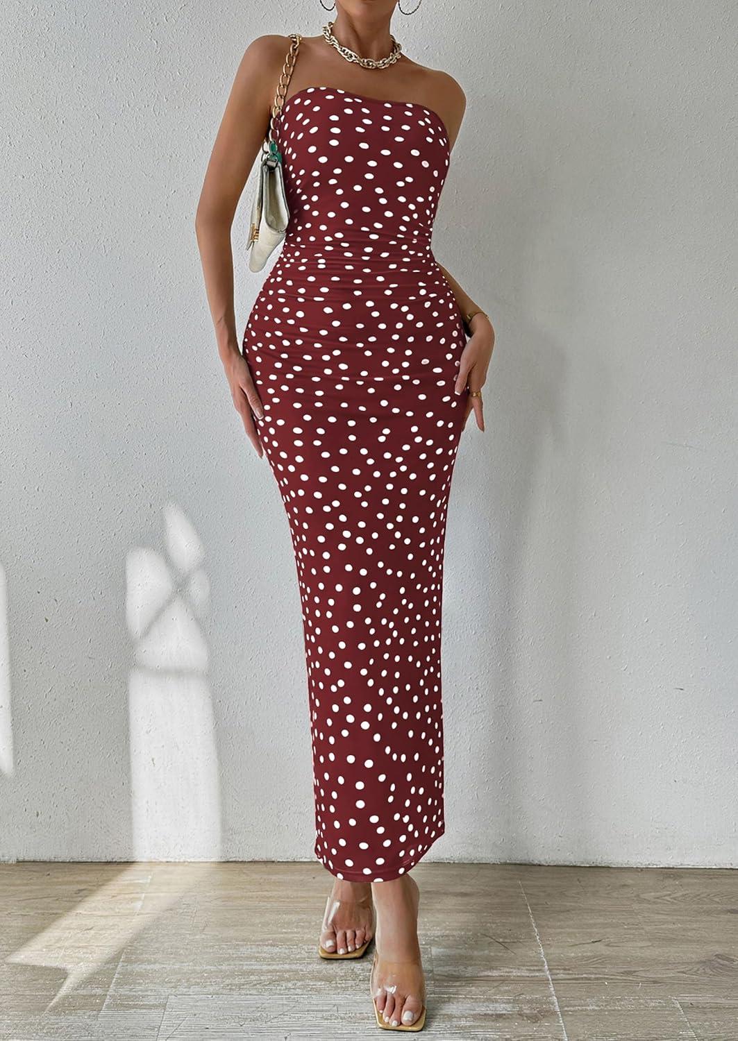 imagePRETTYGARDEN Womens Summer Wedding Guest Dress Strapless Tube Top Maxi Bodycon Long Floral Mesh Beach Vacation Party Dresses01 Dot Burgundy White